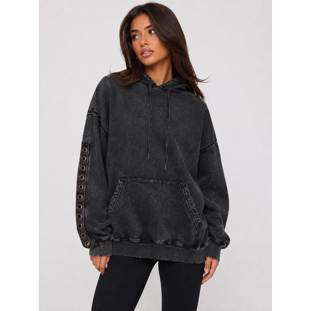 BDG Urban Outfitters Gwen Studded Hoodie Acid Wash Distressed Black XL NWOT